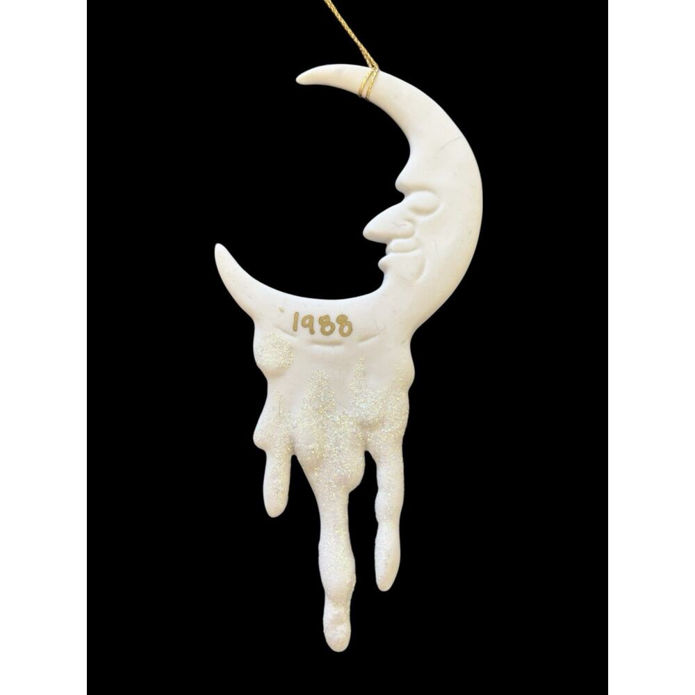 Crescent Man in the Moon Celestial Bisque Ceramic Hanging Ornament Vintage